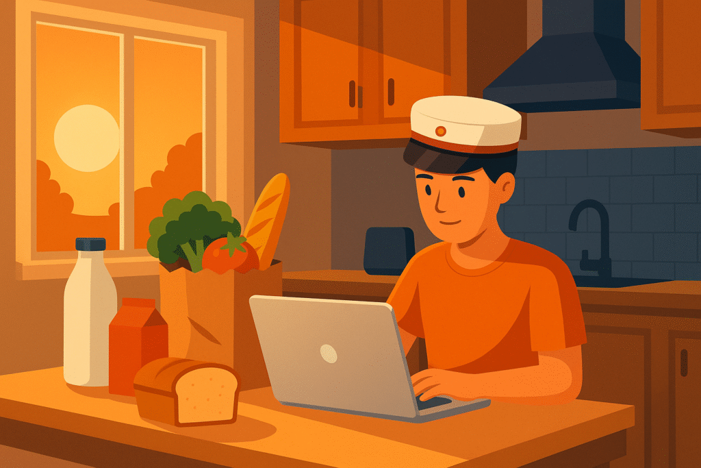 Studerende arbejder ved køkkenbord med computer og madvarer i solnedgang – studieliv og økonomi.