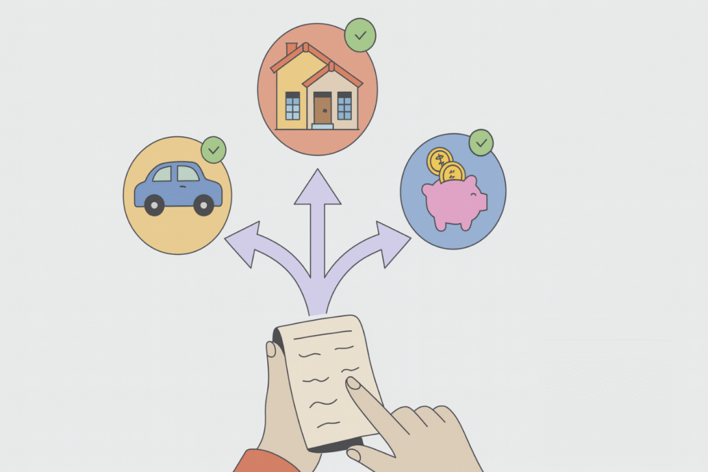 illustration af økonomisk planlægning med lommeregner, hus, bil og sparegris som symboler for udgifter og overblik.