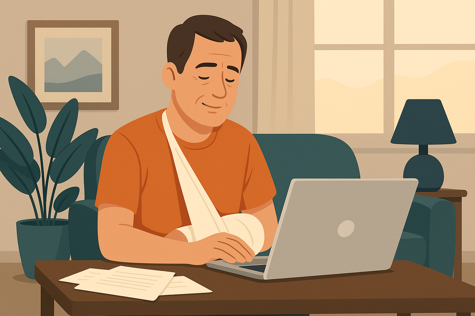 Digital illustration af en midaldrende mand på omkring 40 år, der sidder i sin stue foran en computer med papirer på bordet. Han arbejder trods en skadet arm, som er i bandage.