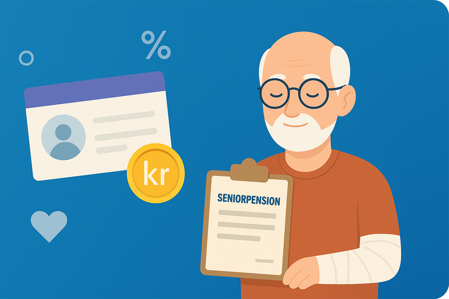 Ældre mand med computer og dokumenter, omgivet af mønter og grafer som symbol på seniorpension 2025