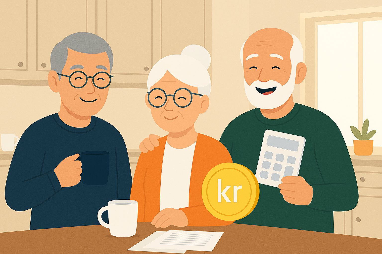 Seniorer nyder morgenkaffe i køkkenet – symbol på pension og økonomisk tryghed i Danmark.