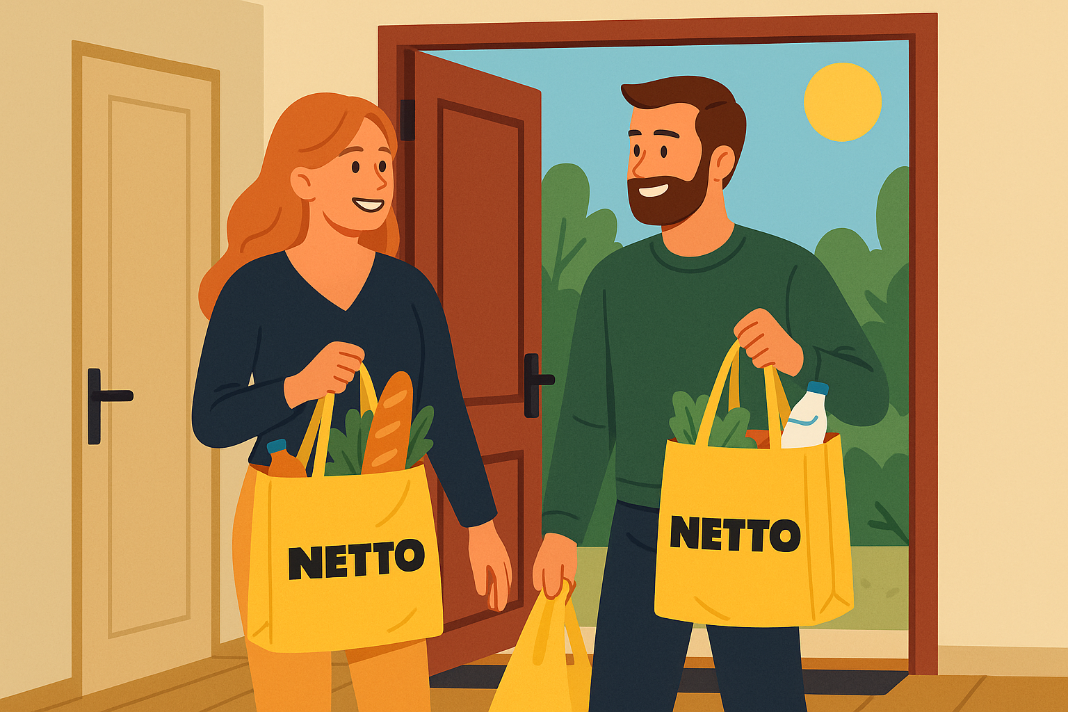 Flat-style illustration af et par, der kommer hjem med indkøbsposer fra Netto på en solrig dag – symbol på hverdagsøkonomi og madbudget i Danmark.